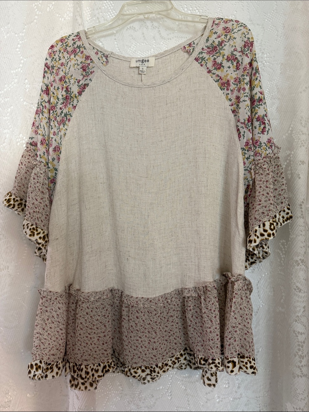 Umgee Cream Top with Pink Floral Patchwork and Leopard Trim